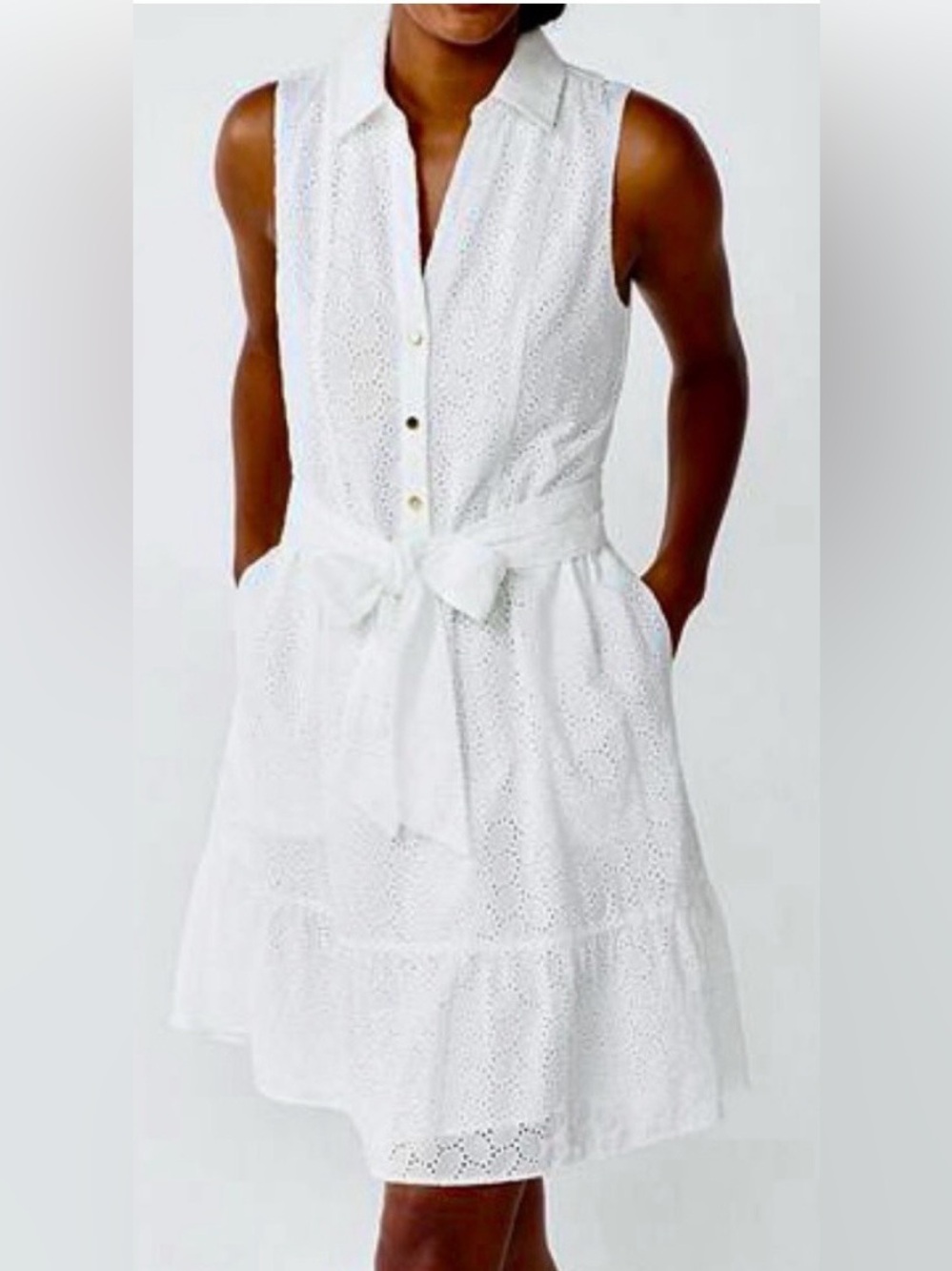 James Draper White Eyelet Cotton Dress Gold Buttons Tiered Ruffle Hem
